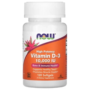 NOW Foods D3-vitamin, nagy hatékonyságú, 10 000 NE, 120 db