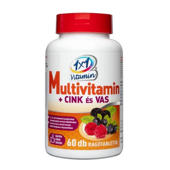 1x1 Vitaday multivitamin + cink és vas, erdei gyümölcs ízű rágótabletta, 60 db