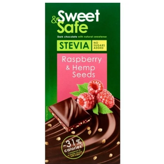 Sweet&amp;safe étcsoki málnával, kenderrel, steviával, 90 g